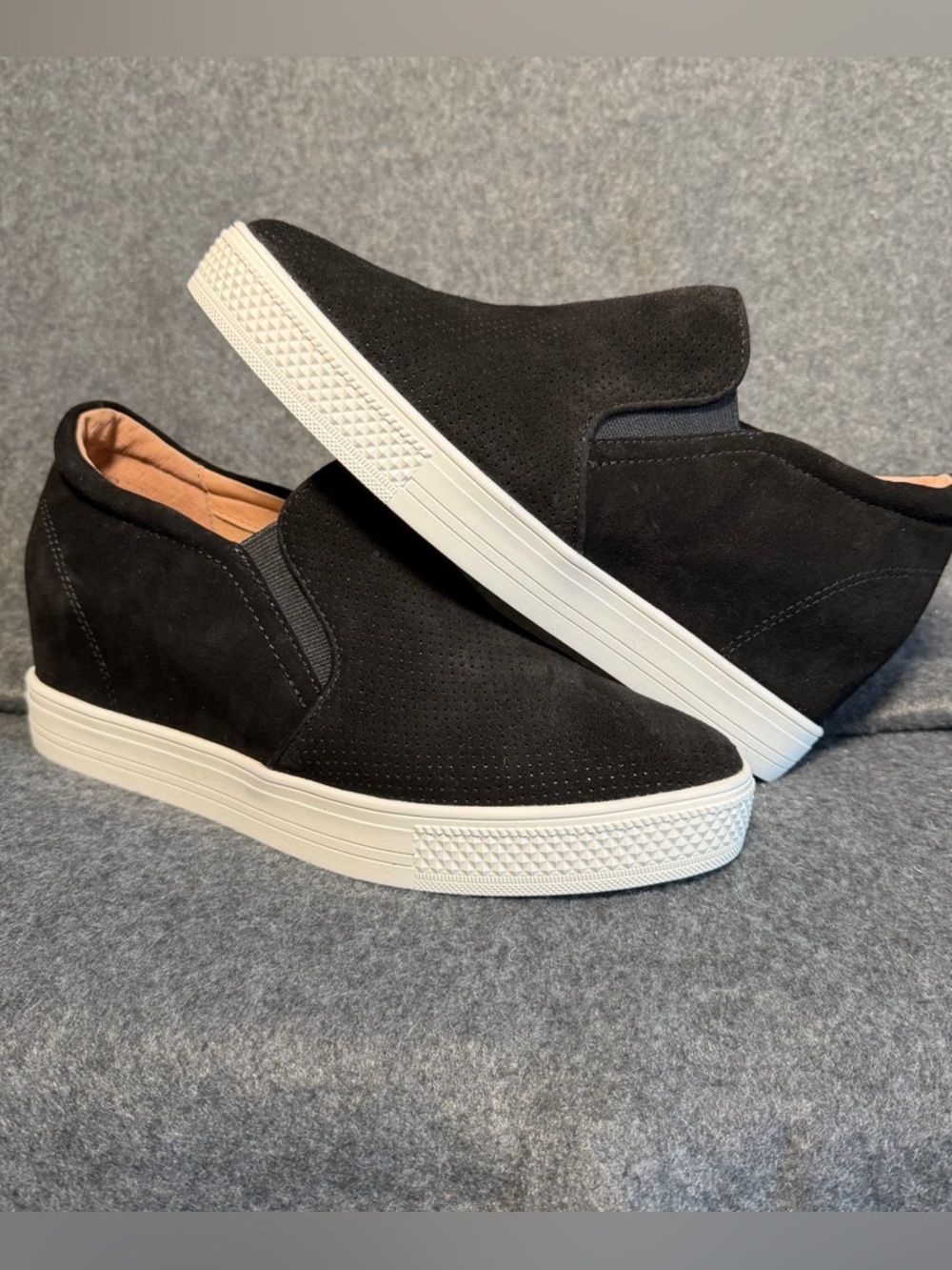 Women's Caslon Black Leather Hidden Wedge Slip‑On Sneakers – Black – Size 7.5‎
